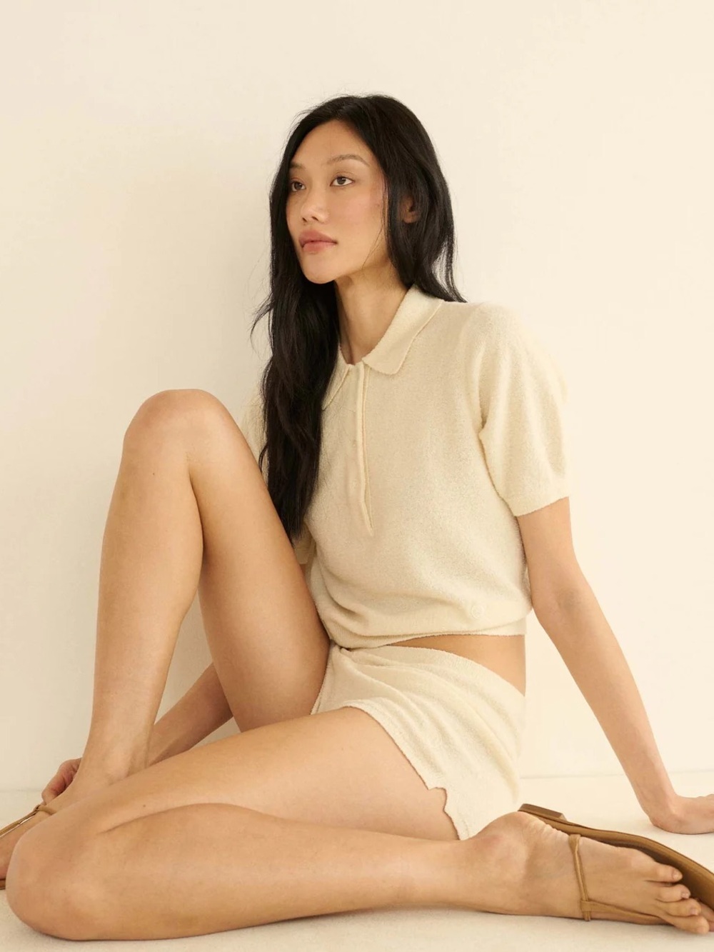 Doen Artie Merino Boucle Collar Polo Button Short Sleeve Knit Top Ivory Cream - Picture 6 of 15